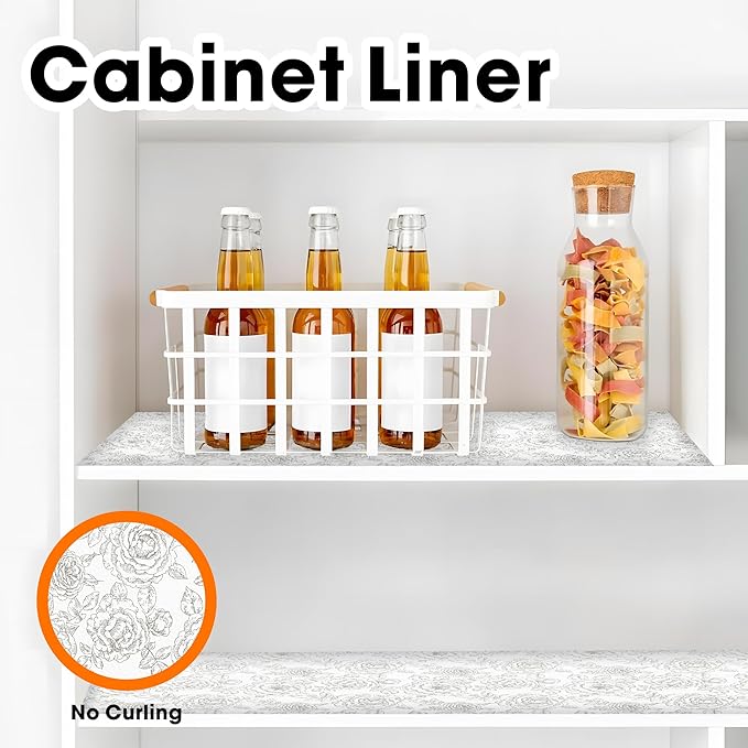 Drawer and Shelf Liner for Kitchen Cabinets Non-Adhesive, Non-Slip Cabinet Liner Shelf Paper Strong Grip Waterproof Easy to Clean for Kitchen Shelves Cupboard, Flower,23.6IN X 20FT
