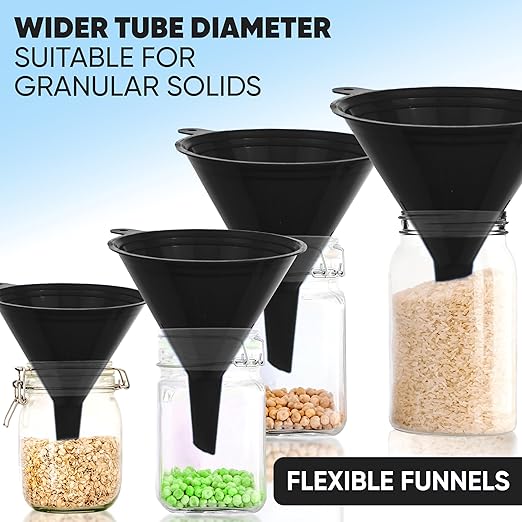 Funnels for Kitchen Use – Black Set in 4 Sizes (122, 101, 76 & 50mm) | Durable, Non-Toxic Food Grade Plastic – Ideal for Filling Bottles, Jars & Containers | Perfect for Kitchen, Garage & Labs