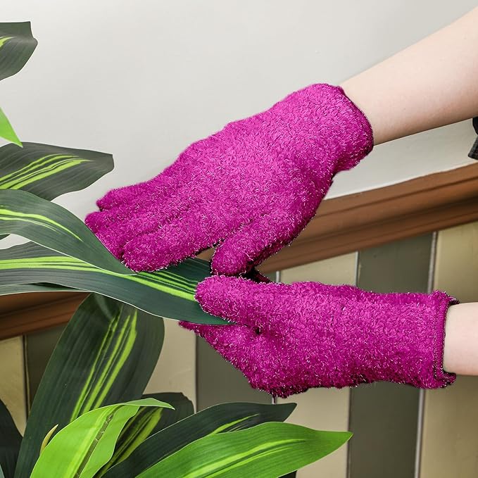 Patelai 3 Pairs Microfiber Plant Dusting Gloves Leaf Cleaning Gloves for Indoor Plants, Blinds, Furniture, House(Medium,Purple, Blue, Rose Red)