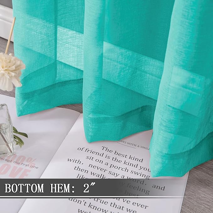 Tollpiz Sheer Curtains Linen Textured Bedroom Curtain Sheers Light Filtering Rod Pocket Voile Curtains for Living Room, 54 x 84 inches Long, Aqua Blue, Set of 2 Panels
