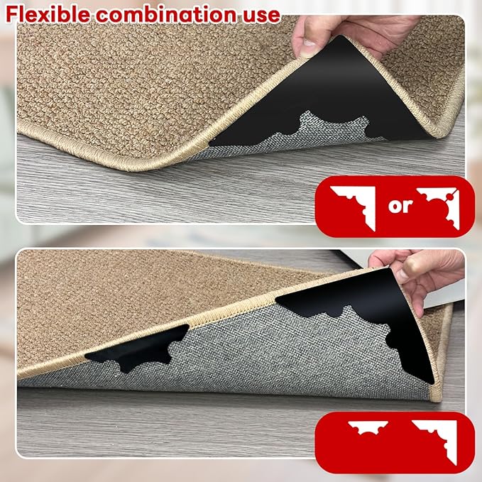 Rug Non Slip Grippers, Reusable Rug Tape Pads for Hardwood Floors, Strong Carpet Gripper for Area Rugs, No Damaging for Floor, 16Pcs