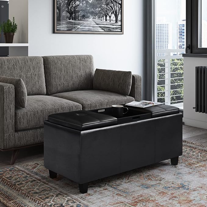 SIMPLIHOME Avalon 42 inch Wide Contemporary Rectangle Tray Storage Ottoman with Lift Up Lids in Midnight Black Vegan Faux Leather, Assembled, for the Living Room, Entryway and Family Room