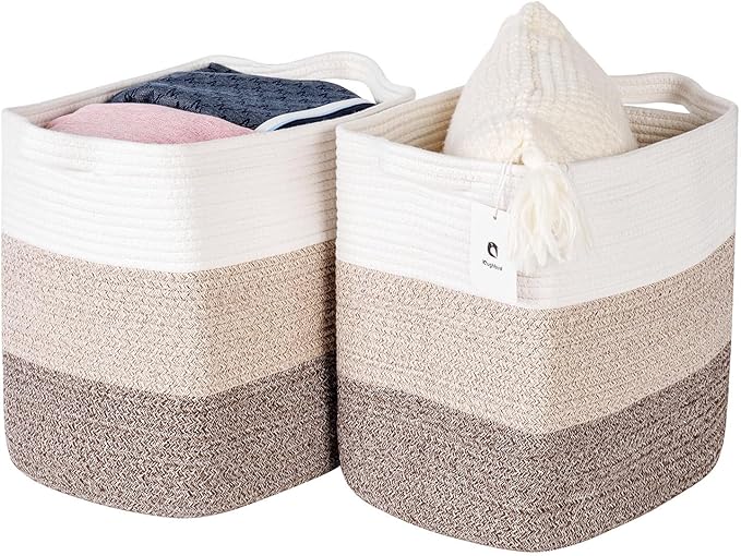 Storage Baskets for Clothes Fabric Cotton Rope Storage Basket with Handles, Decorative Woven Basket for Living Room,Closet Organizer Blankets, and 2bags (Gradient Brown, L17.8×W12.5×H17.9)