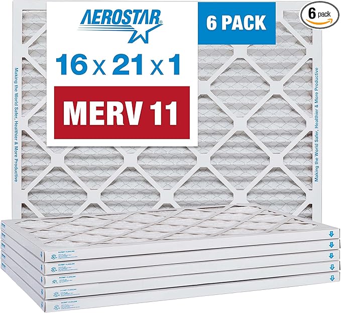 Aerostar 16x21x1 MERV 11 Pleated Air Filter, AC Furnace Air Filter, 6 Pack (Actual Size: 15 7/8" x 20 7/8" x 3/4")