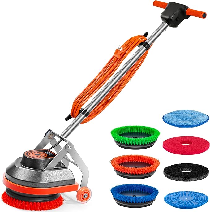 Commercial Floor Scrubber Machine with Brushes and Pads, Heavy Duty Floor Cleaner Polisher and Buffer- Deep Cleaning Tile and Grout, Hardwood Floors and Carpets without Getting on Hands and Knees