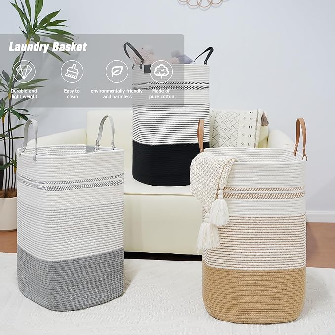 danpinera 100L Nursery Hamper, Tall Woven Laundry Basket with Long Leather Handles, Boho Laundry Hamper for Living Room & Bedroom, Eco-friendly & Convenient Decorative Storage Basket White & Gray