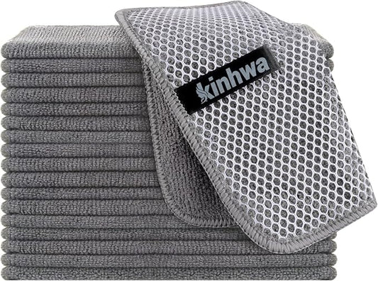 KinHwa Kitchen Washcloths for Dishes Absorbent Microfiber Dish Cloths Quick Dry Dish Rags with Poly Scour Scrub Side Ideal for Kitchen Cleaning (Gray, 7inchx7inch 18 Pack)