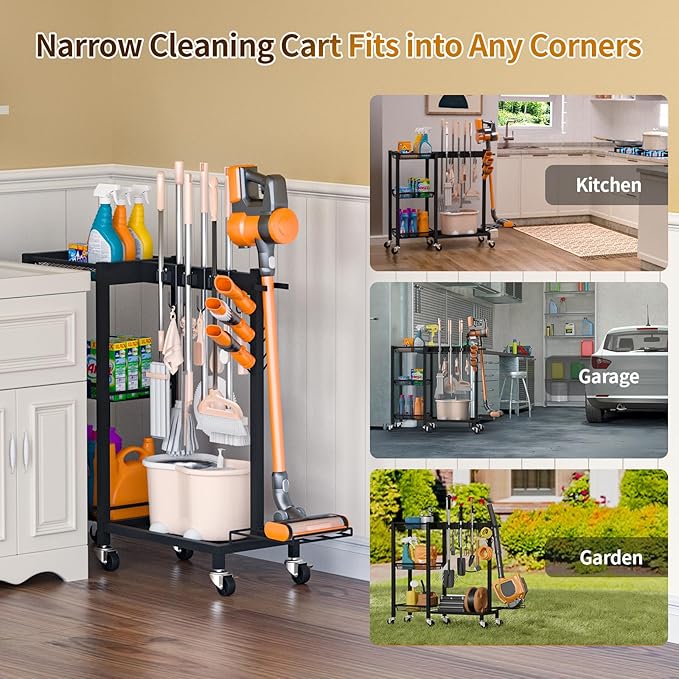 Cleaning Supplies Organizer with Broom Holder Load 350 LBS Cleaning Cart with Wheels Broom Closet Storage with 3-Tier Shelves, 6 Mop Hanger Grippers, 3 Double-Hooks, Vacuum Stand for Laundry Garage