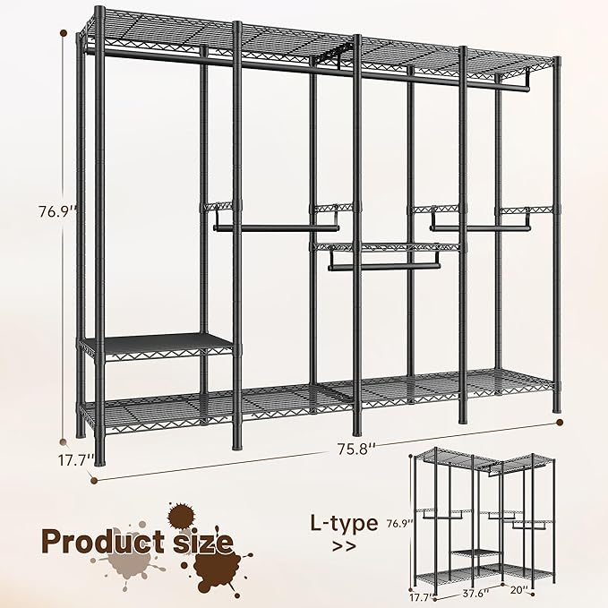 Raybee Clothes Rack Heavy Duty 1100 LBS Capacity Clothing Racks for Hanging Clothes Adjustable Garment Rack,17.7" D x 75.8" W x 76.9" H Black