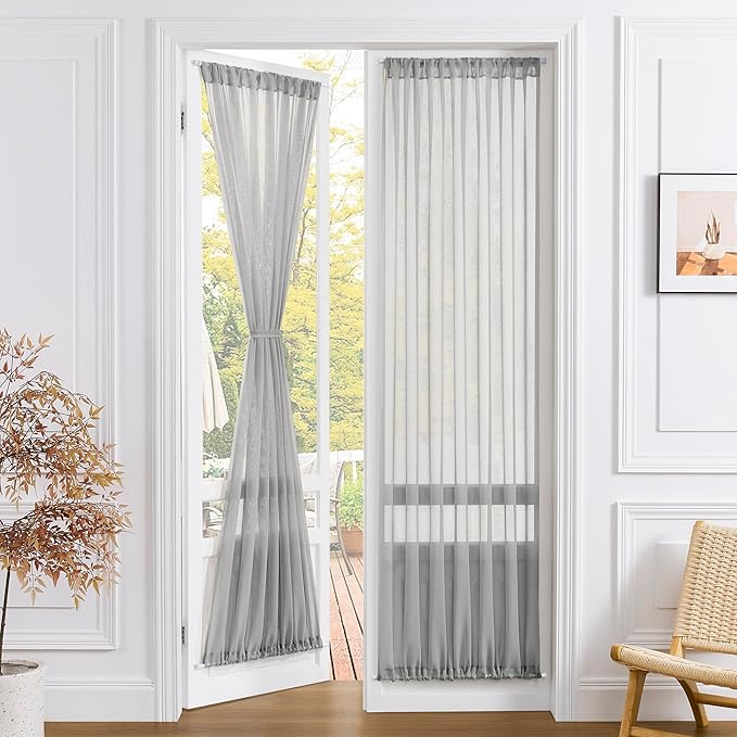 Tollpiz Sheer Door Curtains Closet Linen Textured Curtains Sheer Doorway Light Filtering Voile Rod French Door Pocket Curtain Patio Glass Door, 25 x 72 inches Long, Silver Grey, Set of 1 Panel