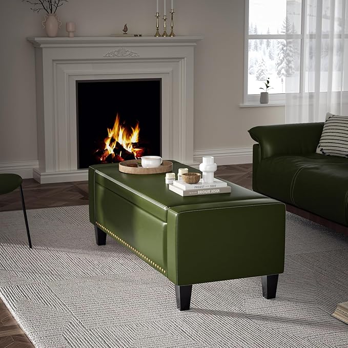 48.8" Storage Ottoman Bench Green | Faux Leather Bedroom Bench with Lift Top for Living Room & Bed End