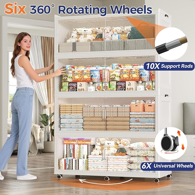 320GAL Extra Large Storage Bins with Lid, 1280QT Collapsible Organizer with Wheels, Stackable Closet Cabinet with Doors, Folding Storage Containers for Home, Office, Dorm, 4Pack White