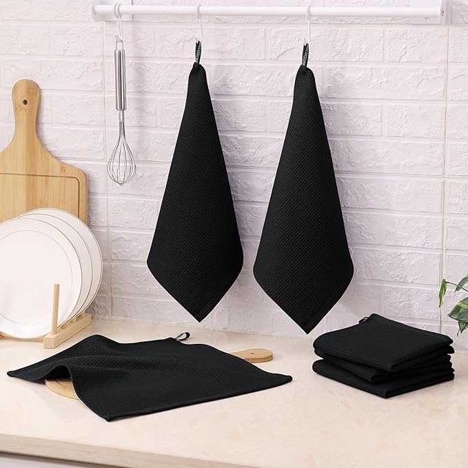 Homaxy 100% Cotton Waffle Weave Dish Cloths - 6 Pack Soft and Absorbent Dish Towels - 12 x 12 Inches Quick Dry Dish Rags - Black