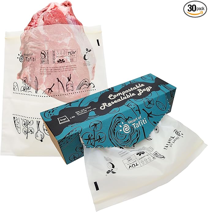 Compostable Food Storage Bags, Large Gallon Resealable Freezer Bags, 30 Count, 10.5 x 10.6 inches, Extra Thick and Reusable, Eco-Friendly, Certified US BPI ASTM D6400 Europe OK Compost