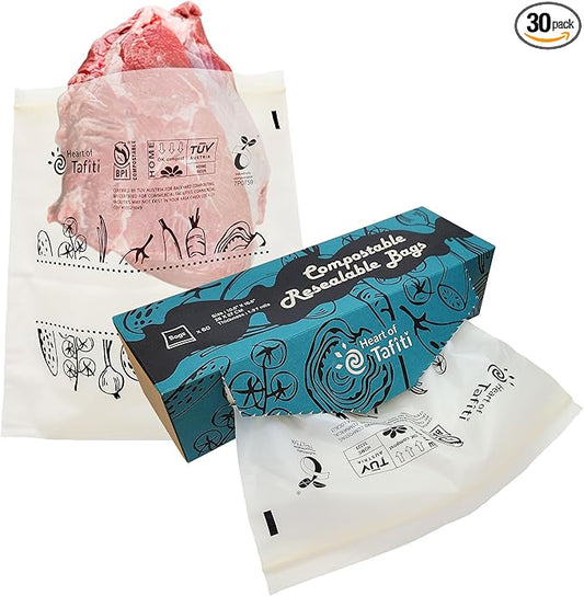 Compostable Food Storage Bags, Large Gallon Resealable Freezer Bags, 30 Count, 10.5 x 10.6 inches, Extra Thick and Reusable, Eco-Friendly, Certified US BPI ASTM D6400 Europe OK Compost