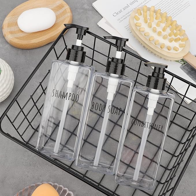 Segbeauty Clear Square Shampoo Bottles, 3pcs 16.9oz Refillable Plastic Lotion Dispenser with Pump, 500ml Empty Reusable Bathroom Shower Bottle Dispense Shampoo Conditioner Body Soap Liquid Gel
