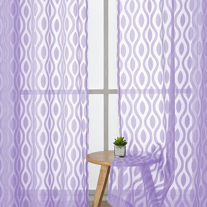 Aiyufeng Light Purple Sheer Curtains 54 Inch Length 2 Panels, Soft Lightweight Clip Jacquard Textured Sheer Curtain Panels, Modern Wavy Line Voile Sheer Curtain for Bedroom Living Room, 40Wx54L Inches