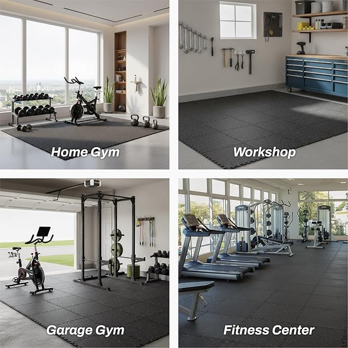 AIRHOP 0.56in Thick 96 Sq Ft Exercise Equipment Mats, 24 Tiles Upgraded Rubber Top with High Density EVA Foam, Large Interlocking Puzzle Gym Flooring for Home Gym, Heavy Weight Workout,Black