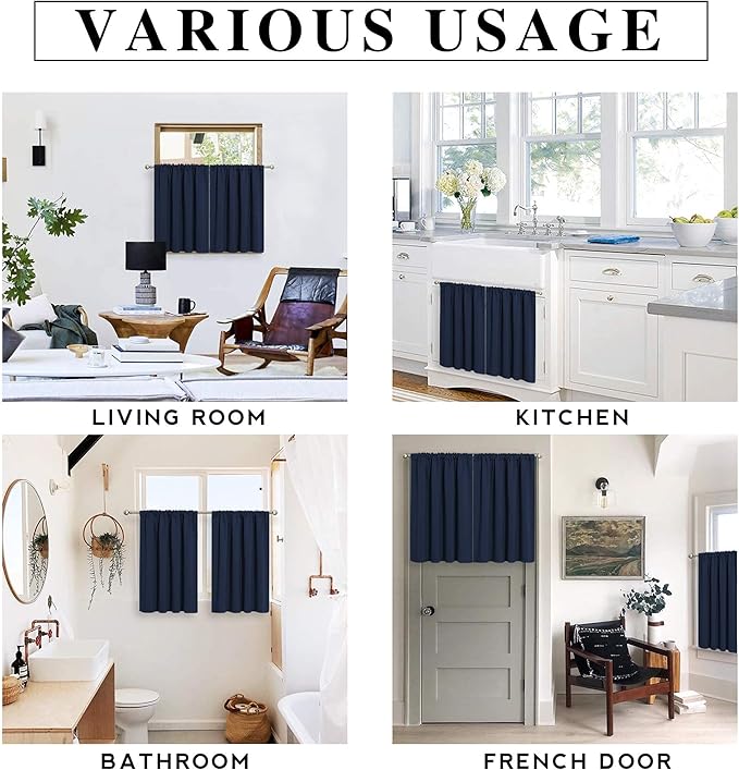 RYB HOME Bathroom Curtains Privacy - Blackout Curtains Small Window Short Drapes for Kitchen Bedroom Living Room Kids Nursery Room RV, W 52 x L 36 inch per Panel, Navy, 2 Pcs