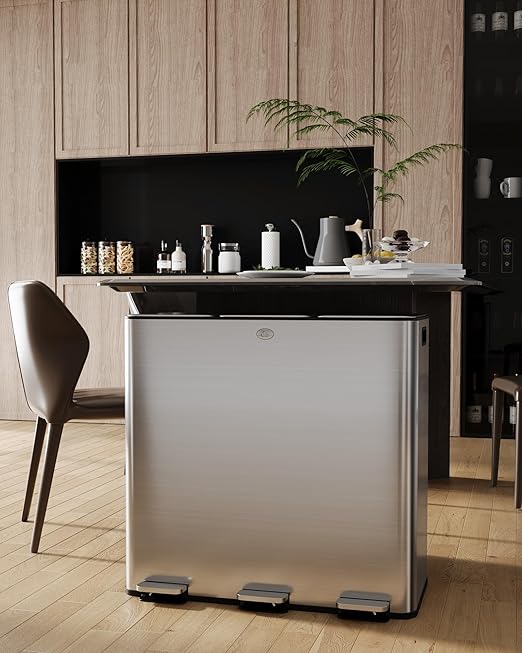 3 x 7.9 Gal (3 x 30L) Trash Can, Stainless Steel Triple Compartment Step-On Recycling Bin with Soft-Close Lids & Removable Plastic Inner Buckets for Kitchen, Home, Office