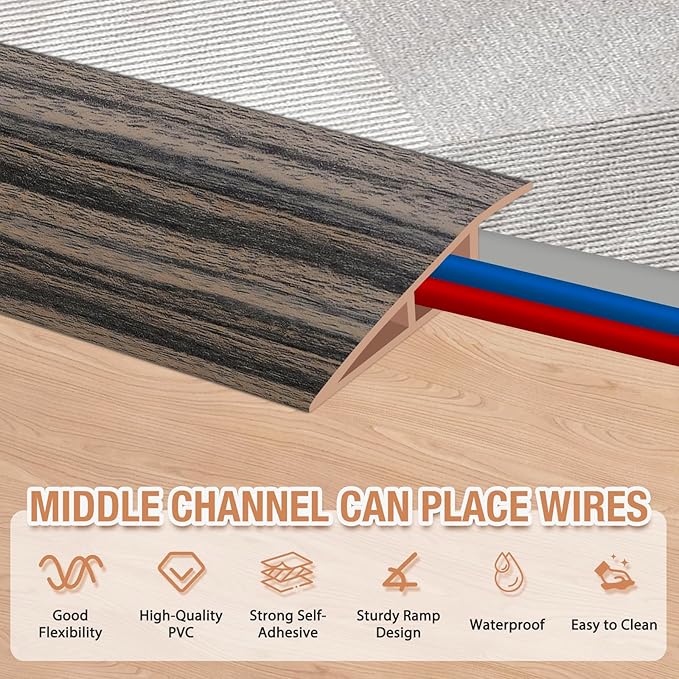 Floor Transition Strip Self Adhesive Vinyl Door Threshold for Doorways Carpet Edging Trim Overlap Edge Reducer for Laminate Floor, Carpet, Tile (Smoked Brown Wood Grain, 1/5" to 2/5", 3.3Ft)