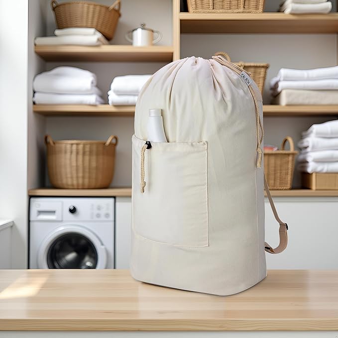 Laundry Bag Backpack, Canvas Laundry Bag with Straps & Drawstring Closure Washable Dirty Cloth Hamper Bag with Large Front Pocket for College, Travel, Laundromat, Camping (2 Pack)