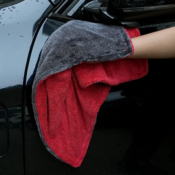 Greenfound Microfiber Towel for Cars, 1000GSM Car Drying Towel, Double Twist Pile & Edgeless Design, No Streaks, Scratches, or Water Spots, Soft and Absorbent, 18"×24", Red&Grey