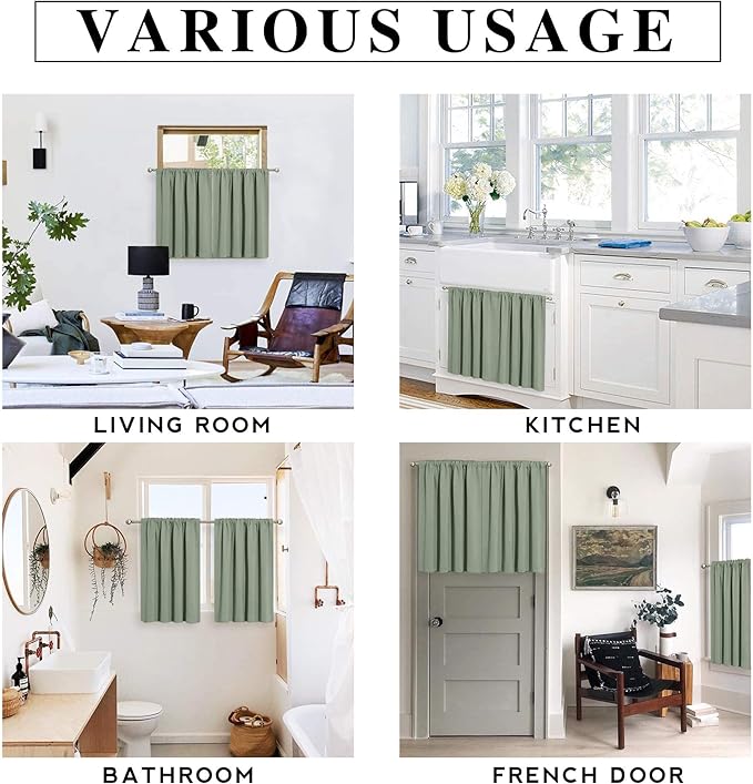 RYB HOME Small Window Curtains Blackout - Privacy Energy Saving Insulating Curtains Blinds for Bedroom Bathroom Basement Kids Nursery Kitchen, W 34 x L 48 inches, Sea Green, 2 Panels