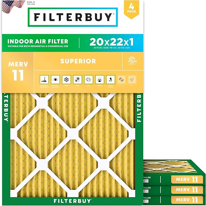 Filterbuy 20x22x1 Air Filter MERV 11 (MPR 1200) Allergen Defense Replacement (4-Pack), Electrostatic Pleated HVAC AC Furnace Filters, Made in USA (Actual Size: 19.50 x 21.50 x 0.75)
