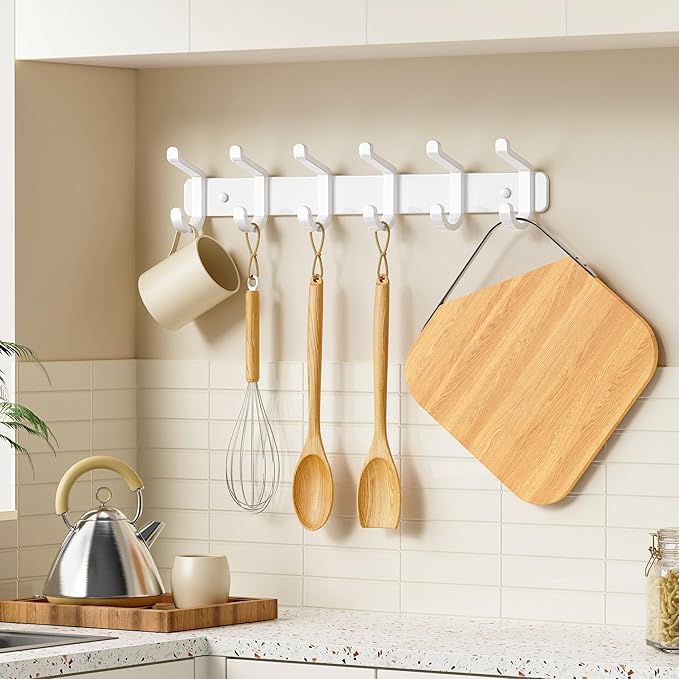 Coat Rack Wall Mounted Heavy-Duty: Metal Coat Hanger 6 Hooks for Hanging Hat, Clothes, Robe, Keys, Backpack, Bathroom Towels, Jacket, Purse - Closet, Door, Entryway, Mudroom (White, 1 Pack)