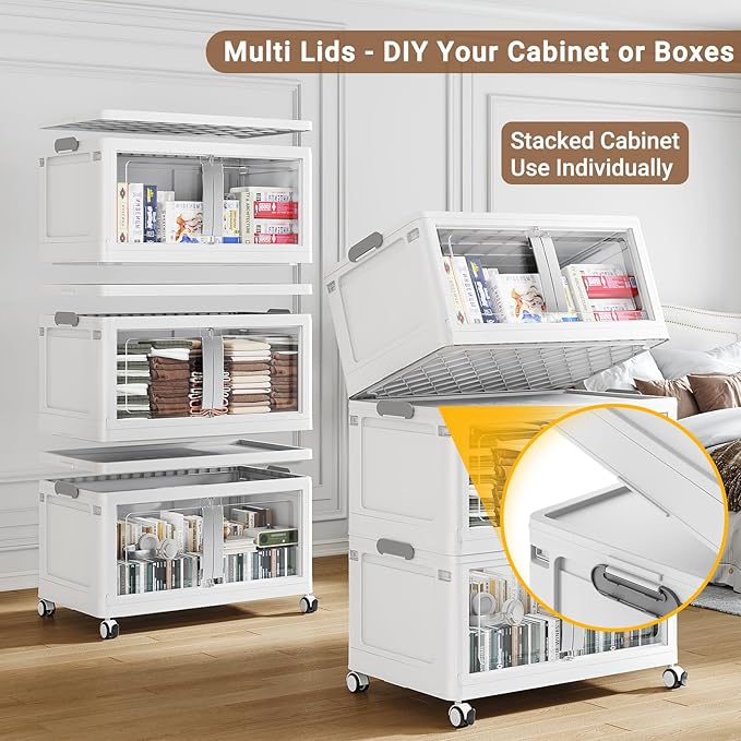 BROVIEW 800QT Stackable Storage Bins with Lids, 200Gal Extra Large Collapsible Storage Box with Wheel, Plastic Storages with Clear Door Open Front for Home Kitchen Garage, White-5pack(5 lids)