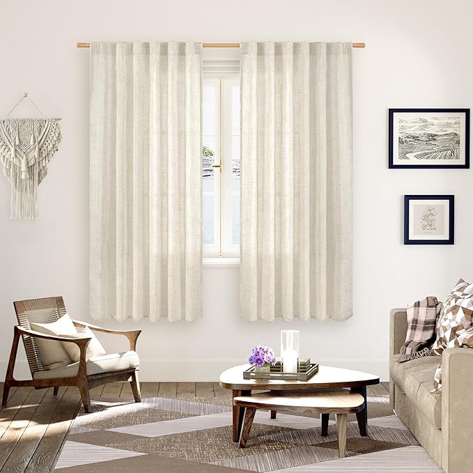 YoungsTex Linen Curtains for Living Room 2 Panels - Ivory Cream Light Filtering Drapes with Back Tab Rod Pocket Rustic Semi Sheer for Country Bedroom, 52 X 72 Inch