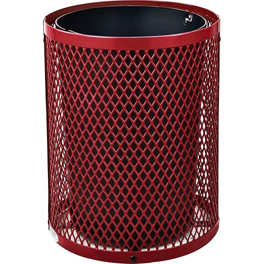 Global Industrial Outdoor Diamond Steel Trash Can with Flat Lid and Plastic Liner, 36 Gallon Capacity, Red, Thermoplastic Coating, 23-1/2" Diameter, 30" H