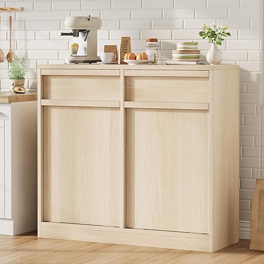 Double Tilt Out Trash Cabinet, Natural Wood Hidden Garbage Can Cabinet for 2 x 10 Gallon Bins, Modern Pet-Proof Trash Cabinets for Kitchen, Dining, Living Room Storage