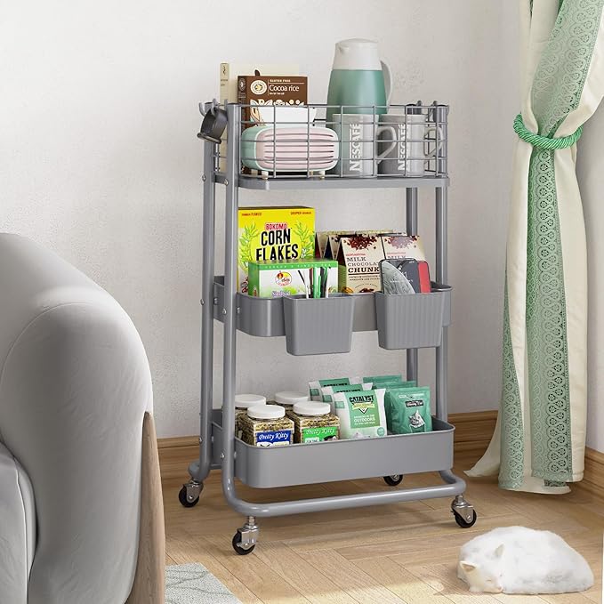 KINGRACK 3 Tier Metal Rolling Cart, Kitchen Organizers and Storage, Slim Storage Cart on Wheels, Laundry Room Organization, Diaper Cart Shelving Unit for Bathroom, Office, Bedroom, Grey