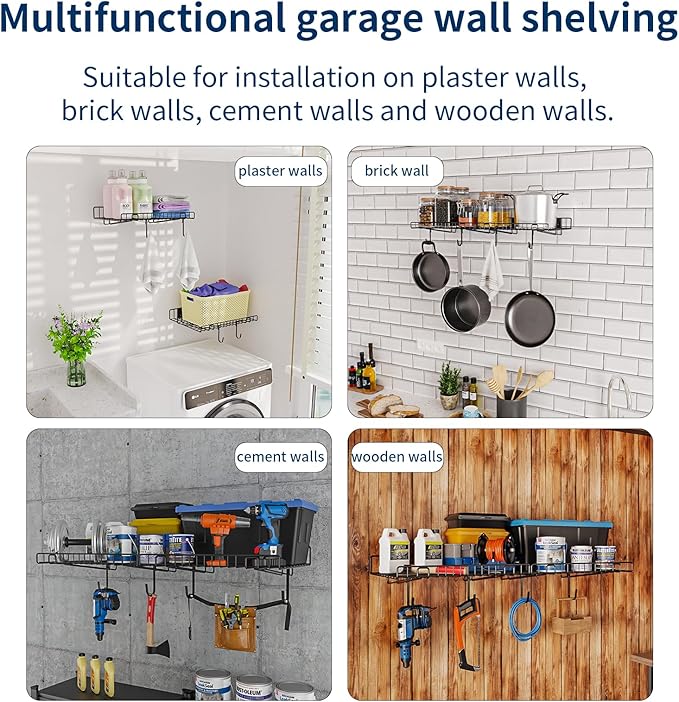 2 Pack Garage Wall Shelf, Wall Mounted Storage Shelves, Heavy Duty Metal Shelves for Room Wall, Loads 130 LBS Floating Shelves Mesh Storage Rack for Garage, Office, Basement,Wall Cabinet and Kitchen