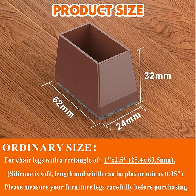 Rectangle Chair Leg Protectors for Hardwood Floors,16 PCS Silicone Covers to Protect Wood Tile Floors Felt Pads Furniture Leg Caps Reduce Noise. Easy to Move.(Brown,1 x 2.5 Inch,Rectangle)