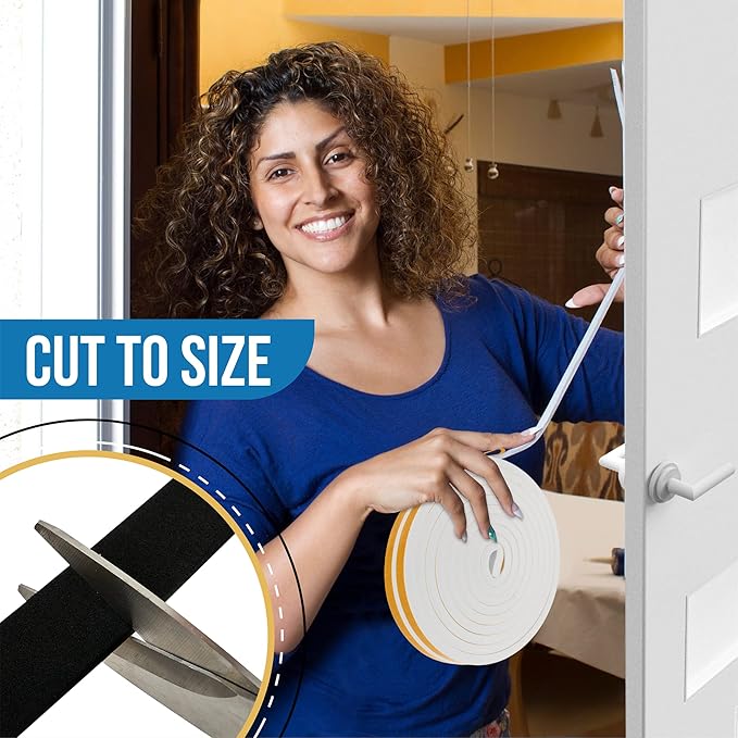 High Density Foam Weather Stripping Door Seal Strip Insulation Tape Roll for Insulating Door Frame, Window, Air Conditioner | Self Adhesive Sealing Weatherstrip (White, 1/2 in x 1/4 in 30 Ft)