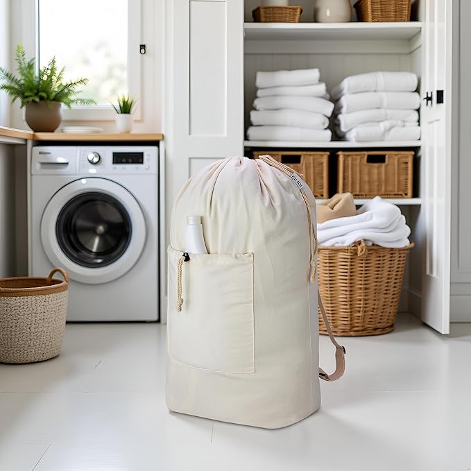 Laundry Bag Backpack, Canvas Laundry Bag with Straps & Drawstring Closure Washable Dirty Cloth Hamper Bag with Large Front Pocket for College, Travel, Laundromat, Camping (2 Pack)
