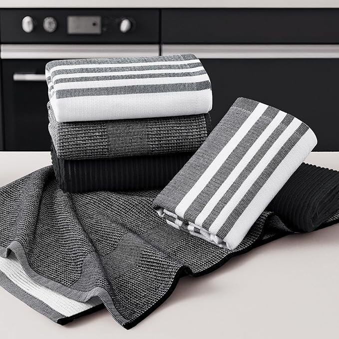 Homaxy Premium Kitchen Towels(18”x 28”, 12 Pack), Large Cotton 380 GSM Kitchen Hand Towels, Soft and Absorbent Terry Dish Towels, Multipurpose Tea Towel Set with Hanging Loop, Black
