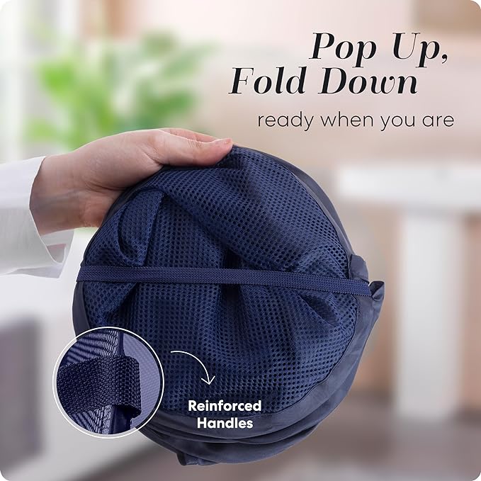 Handy Laundry Collapsible Mesh Pop Up Hamper with Wide Opening and Side Pocket - Breathable, Sturdy, Foldable, and Space-Saving Design for Clothes and Storage (Blue | 2-Pack)