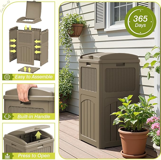 Greesum 33 Gallon Outdoor Trash Can with Lid (2-Pack), Heavy Duty Resin Garbage Bin, Waterproof & UV Resistant for Patio, Garden, Deck, Yard, Light Coffee