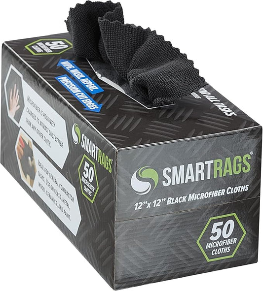 Arkwright Smart Rags in Box - (Pack of 50) Lint Free Microfiber Cleaning Cloth, Scratch & Streak-Free, Dispensable Wash Towels for Cars, Window Glass, and Auto Shop, 12 x 12 in, Black