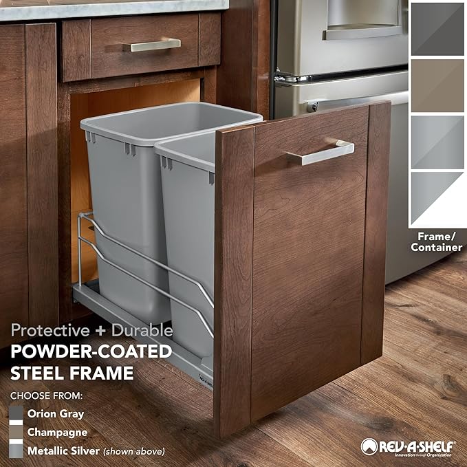 Rev-A-Shelf Double Pullout Trash Cans for Under Kitchen Cabinets 35 Quart 8.75 Gallon with Soft-Close Slides, Metallic Silver, 53WC-1835SCDM-217