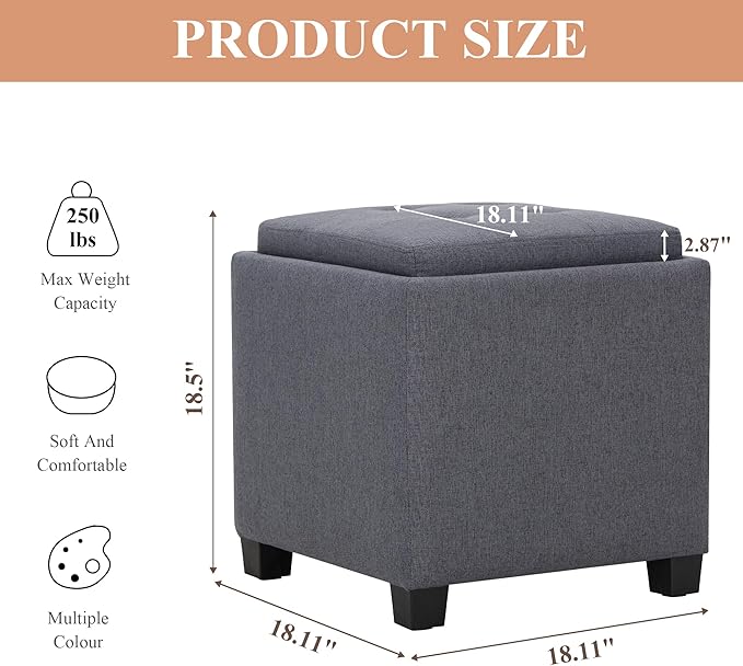 COLAMY Fabric Square Storage Ottoman with Reversible Tray Lid – Multi-Functional Footrest, Hidden Storage, Sturdy & Stylish Small Coffee Table for Living Room, Bedroom, or Entryway(Grey)
