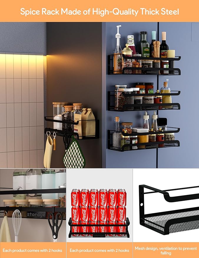 Spice Rack Wall Mount with Hooks - Spice Racks Organizer for Cabinet Storage, Wall Mounted Hanging Shelf Seasoning Organizer, for Kitchen, Pantry Door, Bathroom (Black, 1 Pack)