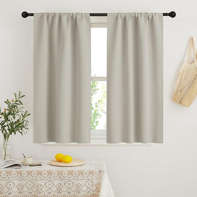 RYB HOME Blackout Short Cafe Curtains, Privacy Light Block Small Window Curtains for Bedroom Kitchen Basement Dining Classroom, W 29 x L 45 inches, Natural, 2 Panels