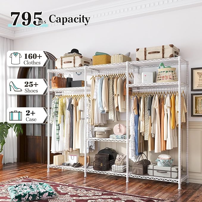 Raybee Clothes Rack Heavy Duty Load 795LBS Adjustable Clothing Racks for Hanging Clothes Garment Rack, 56" W X16 D X 75.5" H White