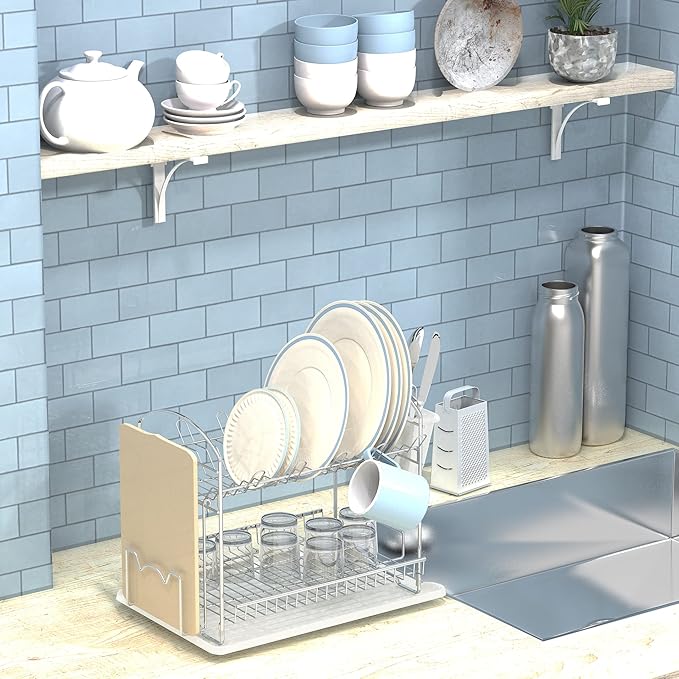 Simple Houseware 2-Tier Stainless Steel Dish Rack with Drainboard, Chrome for Kitchen
