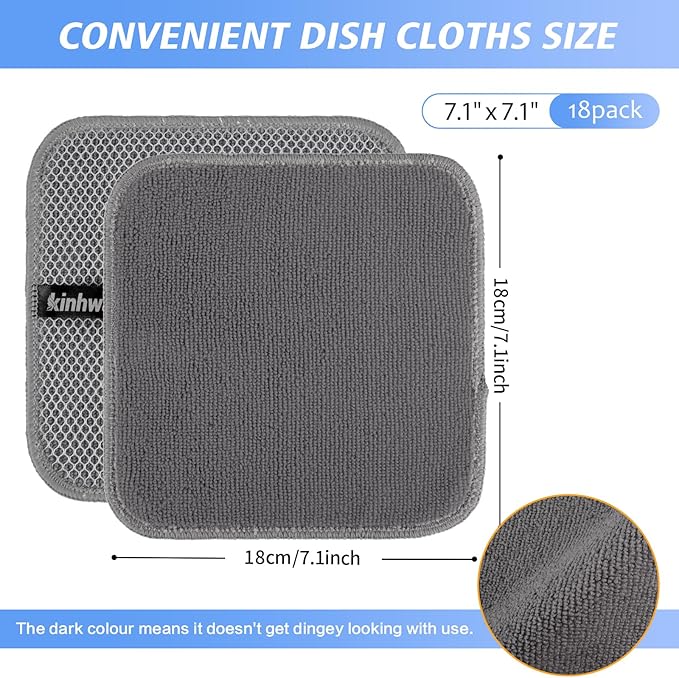 KinHwa Kitchen Washcloths for Dishes Absorbent Microfiber Dish Cloths Quick Dry Dish Rags with Poly Scour Scrub Side Ideal for Kitchen Cleaning (Gray, 7inchx7inch 18 Pack)